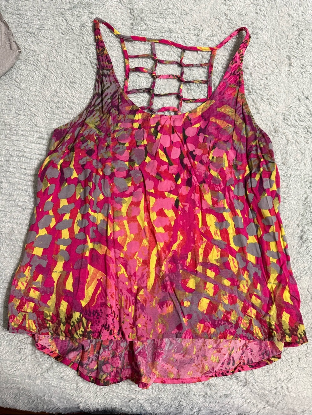 Hang Ten Pink Yellow Multi-Print Lattice-Back Tank